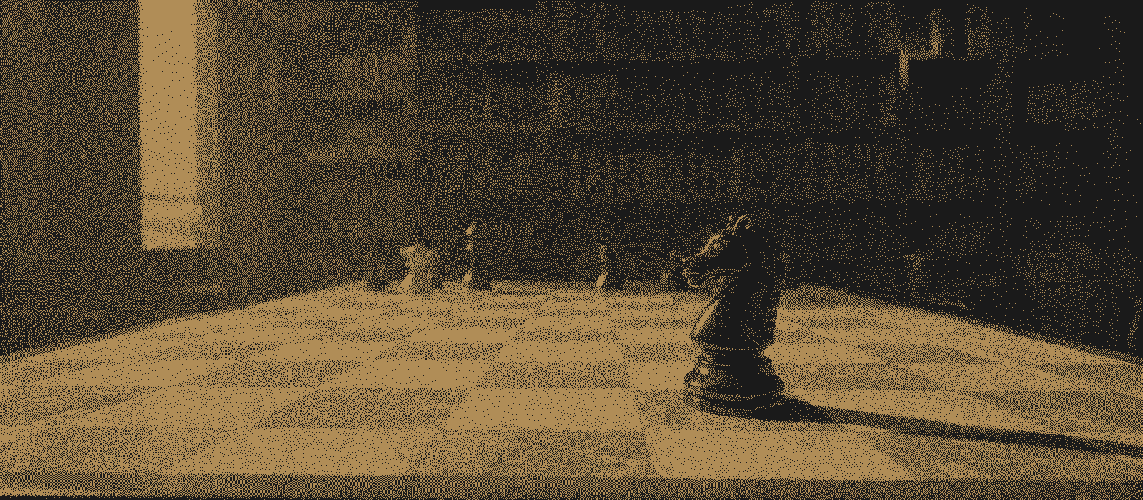A gold chess king standing among fallen black pieces, printed in gold dots on black