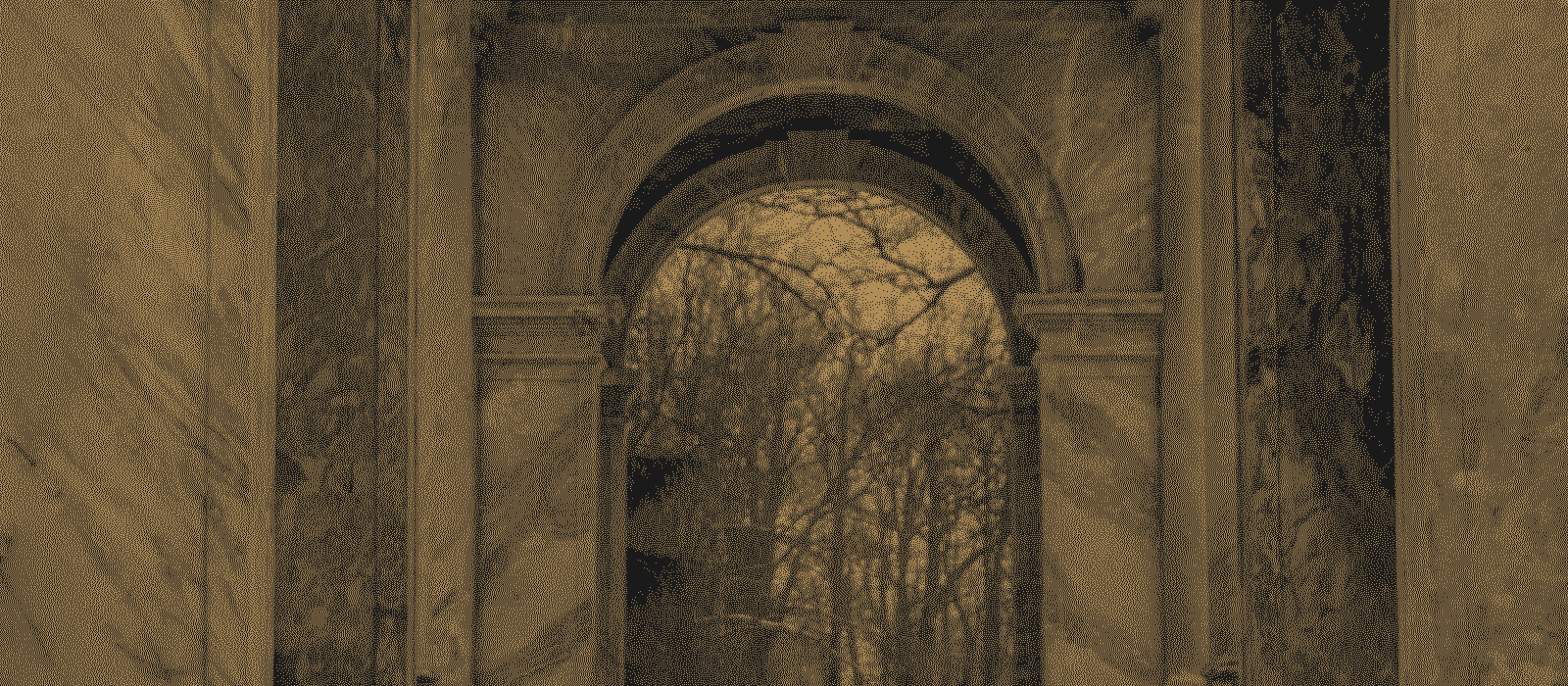 A row of stone arches, printed in gold dots on black