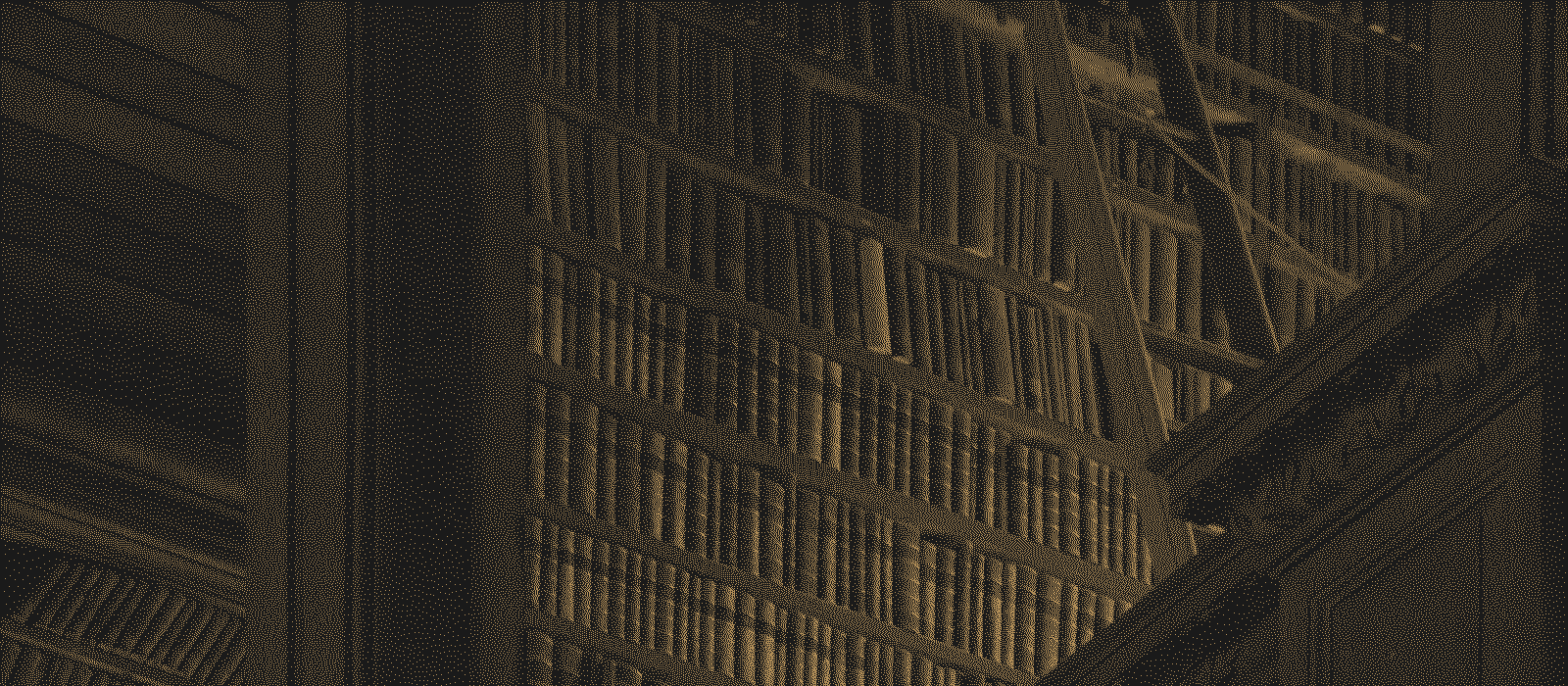 Tall shelves of old books, printed in gold dots on black