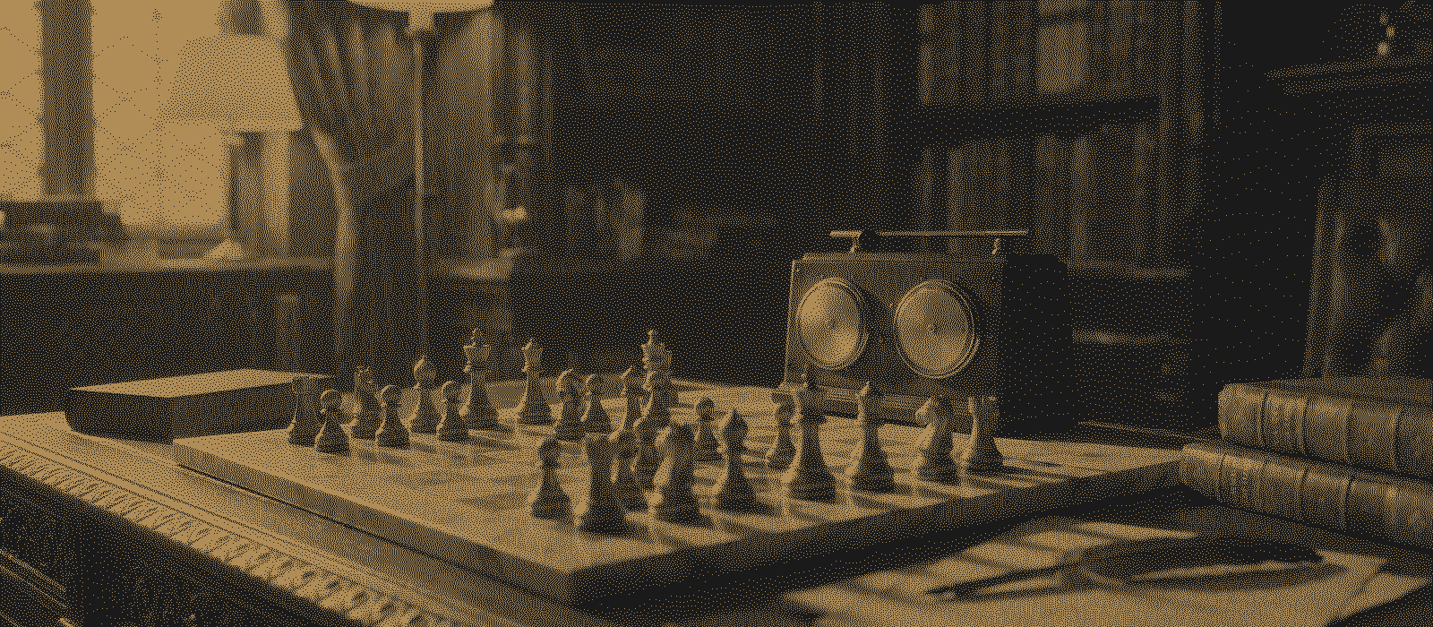 A chess clock beside the pieces on a board, printed in gold dots on black