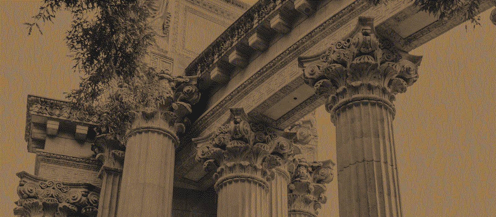 Classical columns among trees, printed in gold dots on black