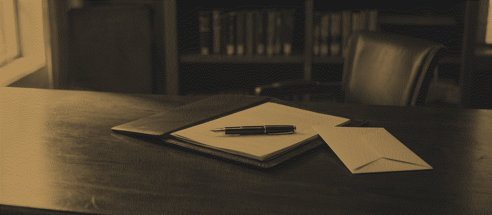 An open document folder, a fountain pen and an envelope on a desk, printed in gold dots on black