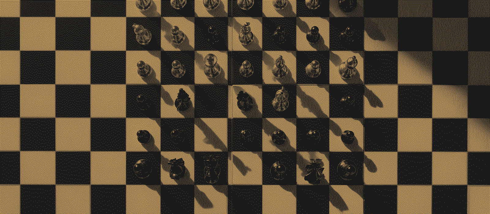 A chess game seen from above, printed in gold dots on black