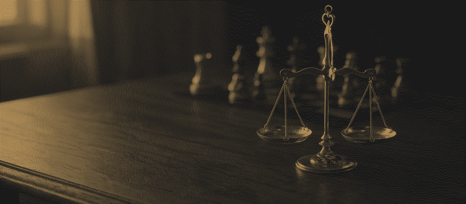 A brass balance scale on a desk with chess pieces behind it, printed in gold dots on black