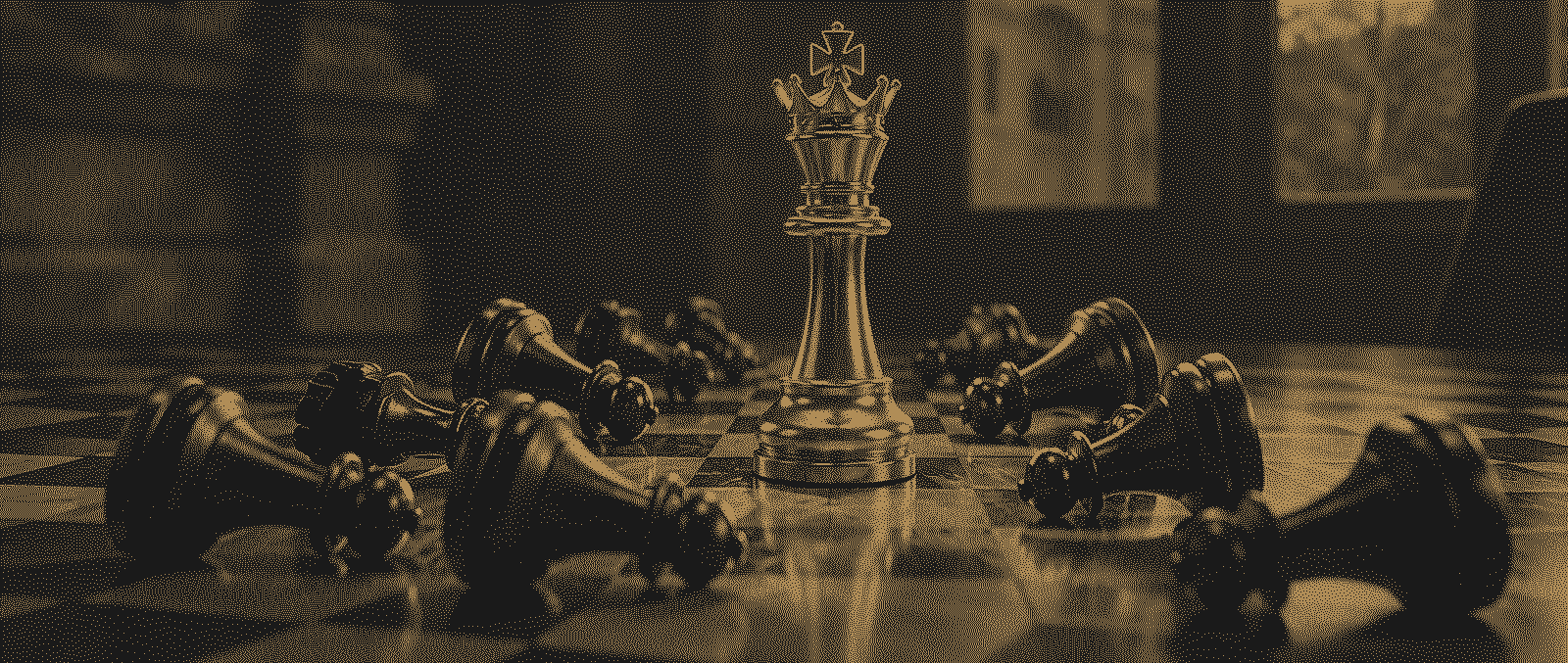 A gold chess king standing among fallen black pieces, printed in gold dots on black