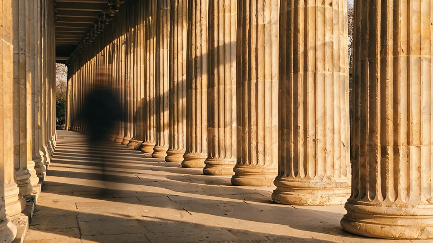 A sunlit stone colonnade with a person walking past